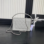 RETRO STYLE FLAP BAG 22 IN RHINO GRAY GRAINED CALFSKIN GOLD HARDWARE