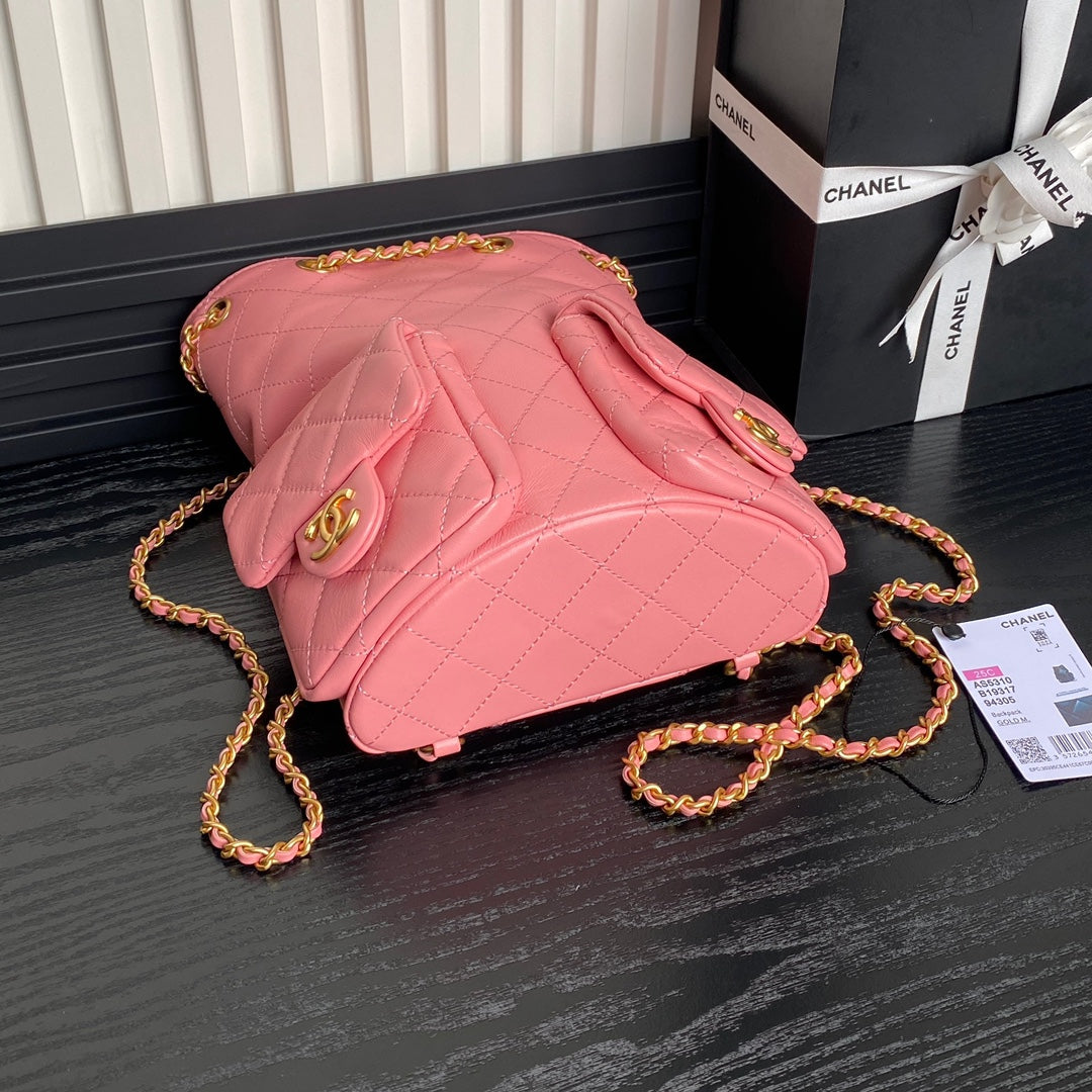 CRUISE DRAWSTRING BACKPACK 24 IN PINK LAMBSKIN GOLD-TONE METALLIC