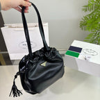 DRAWSTRING BUCKET BAG 25 IN BLACK SOFT LAMBSKIN