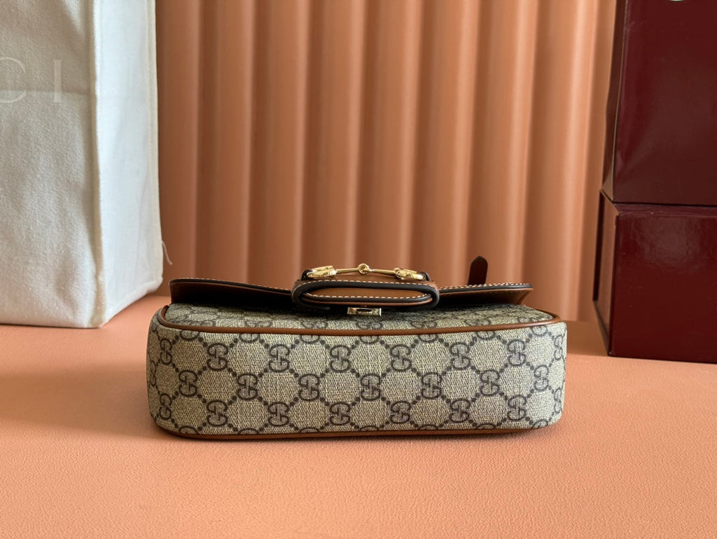 SMALL HORSEBIT 1955 SHOULDER BAG 22.6 IN BEIGE/EBONY GG WITH BROWN CALFSKIN TRIM