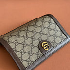 GUCCI OPHIDIA CARD CASE 19 IN BEIGE BROWN COATED FABRIC AND CALFSKIN