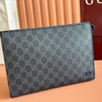 GUCCI OPHIDIA POUCH 26 IN DARK GREY MONOGRAM CANVAS AND NAVY BLUE CALFSKIN TRIM