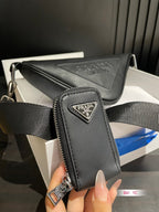PRADA TRIANGLE 26 SHOULDER BAG IN BLACK CALFSKIN