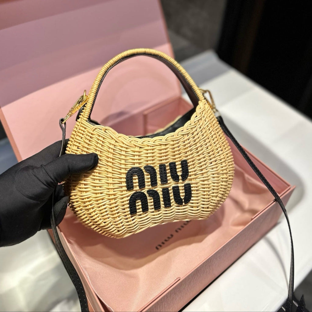 WANDER WICKER HOBO BAG 23 IN TAN BROWN HANDWOVEN WITH BLACK CALFSKIN LOGO