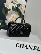 CHANEL MINI FLAP BAG 20 IN BLACK GLOSSY CALFSKIN GOLD HARDWARE