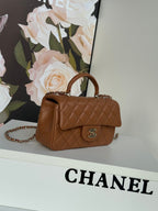 CHANEL FLAP BAG 20 IN BRONZE BROWN LAMBSKIN WITH HANDLE- NEW