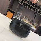 PRADA 25 CLEO FLAP SHOULDER BAG IN BLACK BRUSHED LEATHER