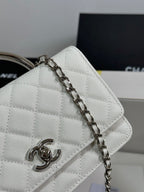 CHANEL FLAP BAG WITH SILVER-TONE HANDLE 19 IN WHITE CAVIAR SKIN