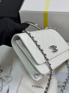 CHANEL FLAP BAG WITH SILVER-TONE HANDLE 19 IN WHITE CAVIAR SKIN