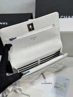 CHANEL FLAP BAG WITH SILVER-TONE HANDLE 19 IN WHITE CAVIAR SKIN