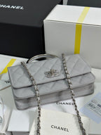 CHANEL FLAP BAG WITH SILVER-TONE HANDLE 19 IN GREY SHINY CAVIAR SKIN