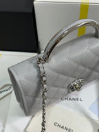 CHANEL FLAP BAG WITH SILVER-TONE HANDLE 19 IN GREY SHINY CAVIAR SKIN
