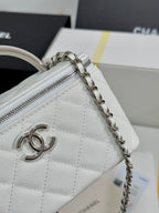 CHANEL MINI VANITY TOP HANDLE CASE 17 IN WHITE CAVIAR SKIN SILVER-TONE PLATED METAL