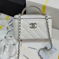 MINI VANITY TOP HANDLE CASE 17 IN WHITE CAVIAR SKIN SILVER-TONE PLATED METAL