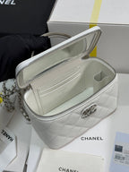 CHANEL MINI VANITY TOP HANDLE CASE 17 IN WHITE CAVIAR SKIN SILVER-TONE PLATED METAL
