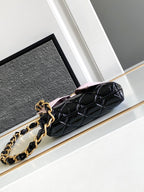 CC MINI 13 CLUTCH WITH STRAP IN BLACK LAMBSKIN AND PINK BOW