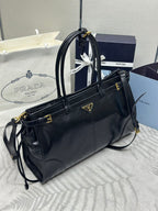 PRADA 25S BONNIE LARGE HANDBAG 38 IN BLACK GLOSSY CALFSKIN GOLD HARDWRE