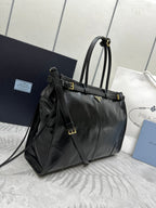 PRADA TOTE BAG WITH BELT 42 IN BLACK OIL WAX LAMBSKIN GOLD HARDWARE