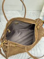 PRADA TOTE BAG WITH BELT 42 IN RUSSET BROWN SUEDE GOLD HARDWARE