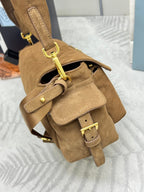 PRADA 25S EXPLORE MEDIUM SHOULDER BAG 30 IN CINNAMON SUEDE WITH FLAP