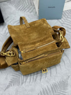 PRADA 25S EXPLORE MEDIUM SHOULDER BAG 30 IN RK GOLDEN BROWN SUEDE WITH FLAP