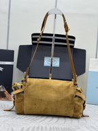 PRADA 25S EXPLORE MEDIUM SHOULDER BAG 30 IN RK GOLDEN BROWN SUEDE WITH FLAP