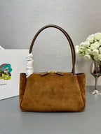 PRADA SHOULDER BAG 28 IN TAWNY BROWN SUEDE GOLD LOGO