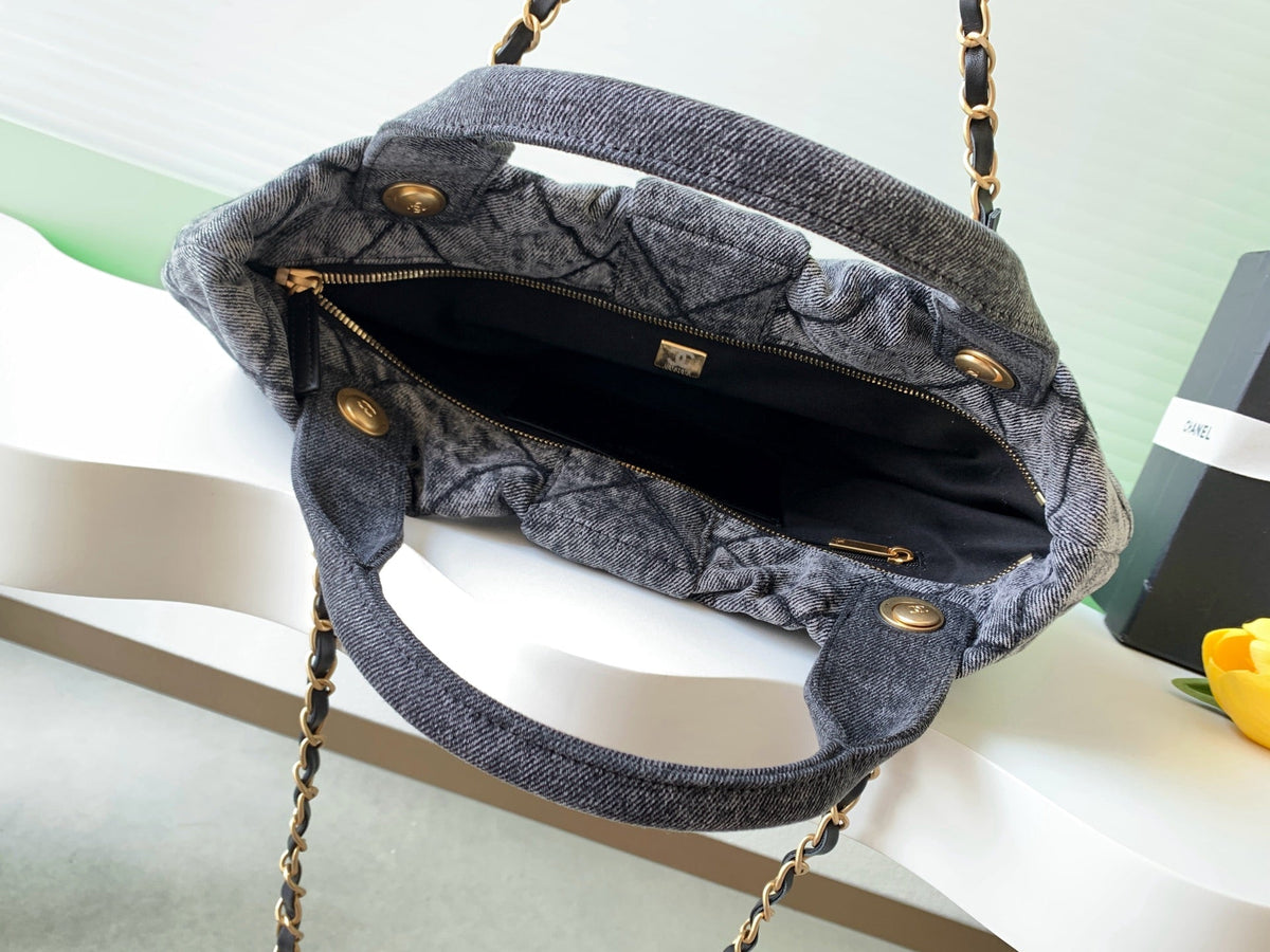 CHANEL 25S MAXI BOW BAG 38 IN DARK GREY DENIM WITH GOLD HARDWARE