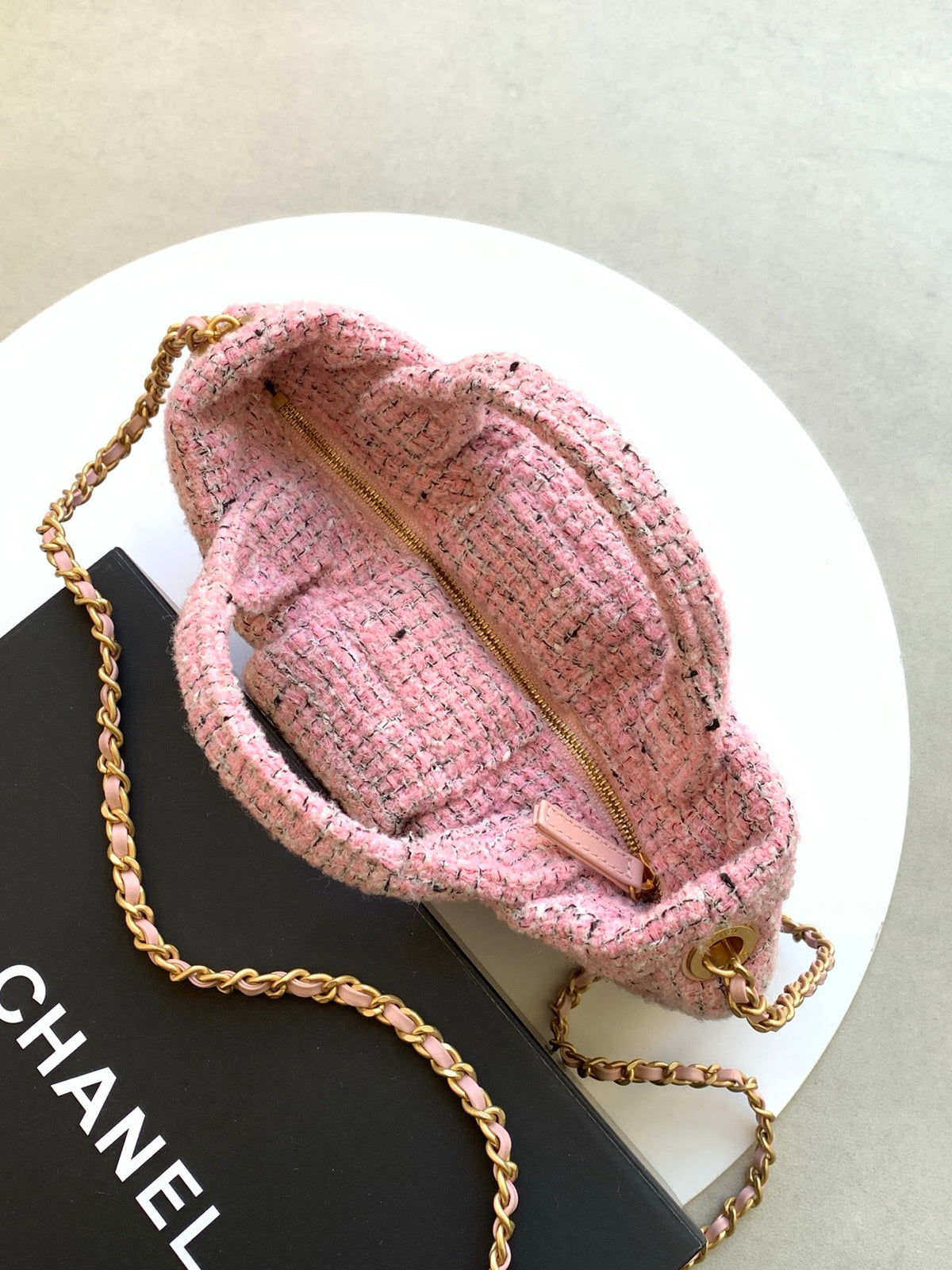 CHANEL 25S BOW BAG 26 IN PINK TWEED WITH GOLD HARDWARE