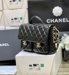 CHANEL DOUBLE POCKETS FLAP BAG TOP HANDLE 24 IN BLACK LAMBSKIN GOLD HARDWARE