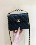 CHANEL 25S  TOTE CROSSBODY BAG 19 IN BLACK CALFSKIN WITH METAL HANDLE