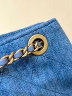 DRAWSTRING BUCKET BACKPACK 24 IN MALIBU BLUE DENIM GOLD HARDWARE