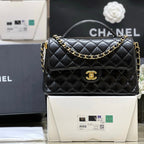 CHANEL QUILTED FLAP BAG WITH HANDLE 26 IN BLACK LAMBSKIN GOLD PLATED METAL