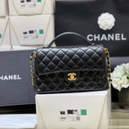 CHANEL QUILTED FLAP BAG WITH HANDLE 26 IN BLACK LAMBSKIN GOLD PLATED METAL