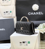 CHANEL FLAP BAG WITH SILVER-TONE HANDLE 18 IN BLACK LAMBSKIN