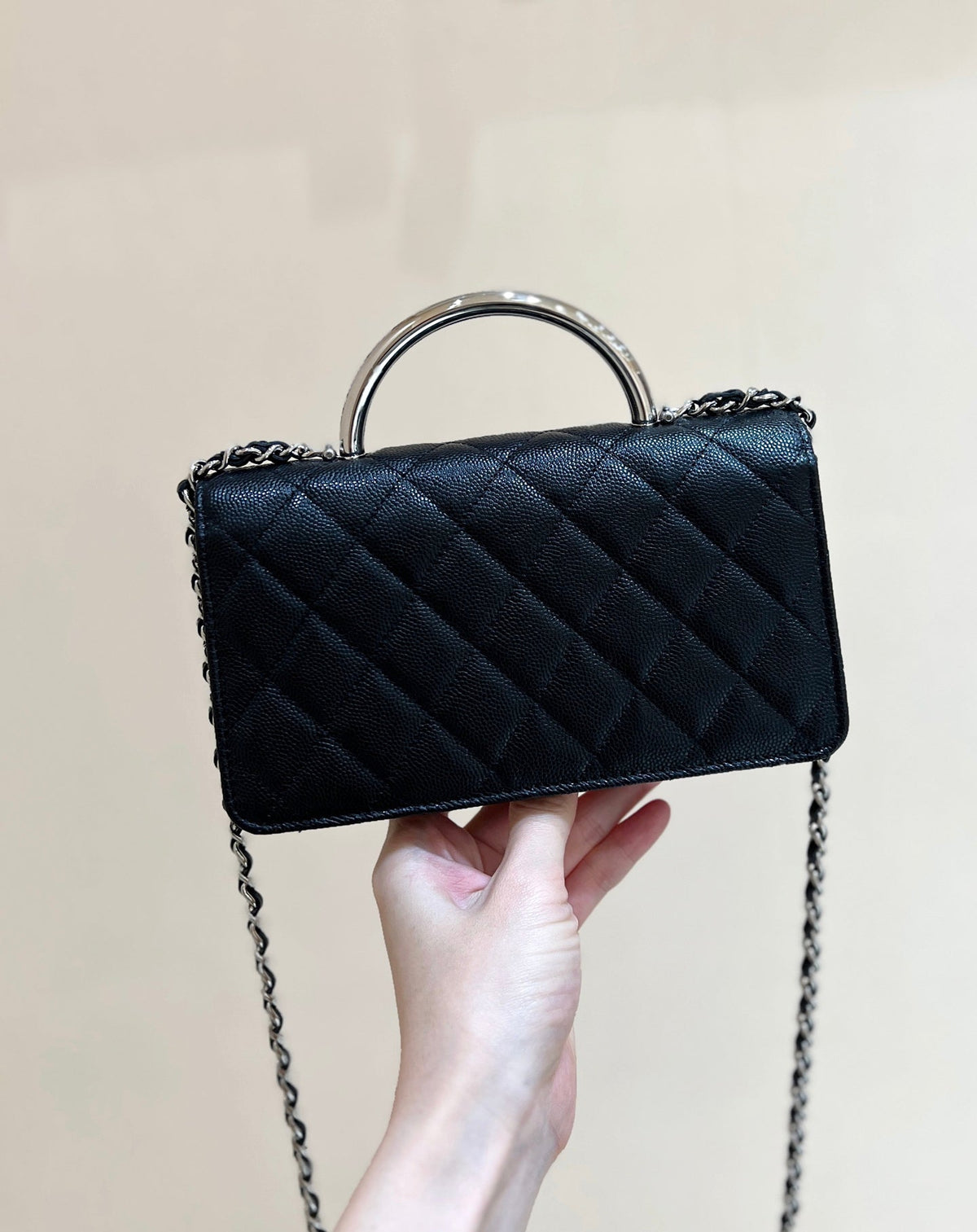 CHANEL FLAP BAG WITH SILVER-TONE HANDLE 18 IN BLACK LAMBSKIN