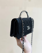 CHANEL FLAP BAG WITH SILVER-TONE HANDLE 18 IN BLACK LAMBSKIN
