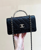 CHANEL FLAP BAG WITH SILVER-TONE HANDLE 18 IN BLACK LAMBSKIN