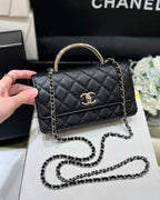 CHANEL FLAP BAG WITH SILVER-TONE HANDLE 18 IN BLACK LAMBSKIN