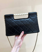 CHANEL PEARL TOP HANDLE BAG 25 IN BLACK LAMBSKIN GOLD HARDWARE
