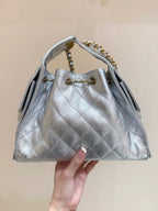 CHANEL 25 HANDBAG IN SILVER-TONE 30 GRAINED CALFSKIN GOLD HARDWARE