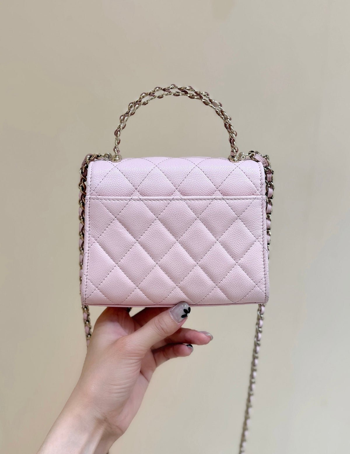CHANEL QUILTED MINI FLAP BAG WITH HANDLE 14 IN BABY PINK LAMBSKIN GOLD PLATED METAL