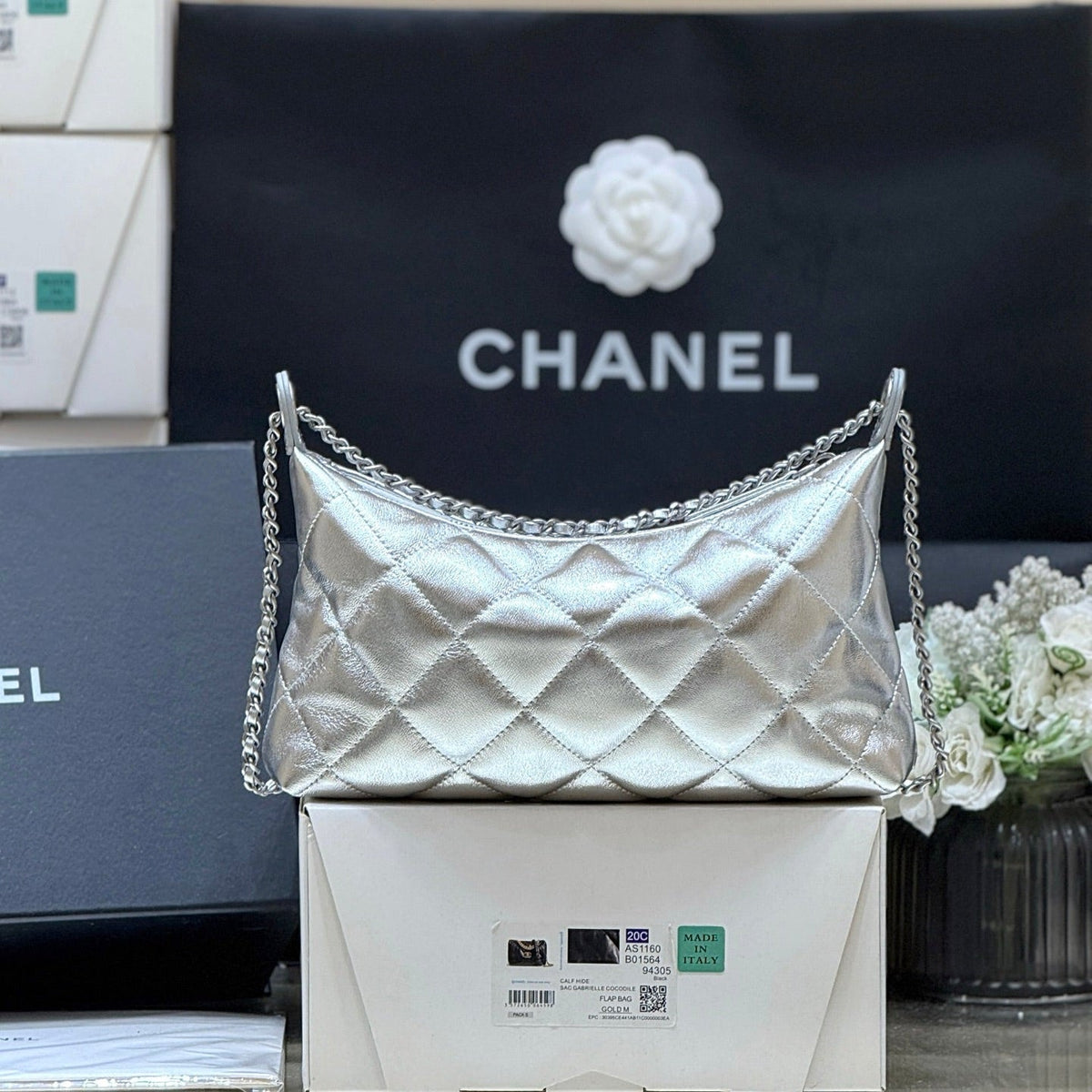 CHANEL 25S HOBO BAG KABELKA 26 IN SILVER CALFSKIN
