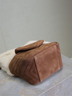 JOE MINI BUCKET BAG 19 IN WHITE SHEARLING AND BROWN SUEDE